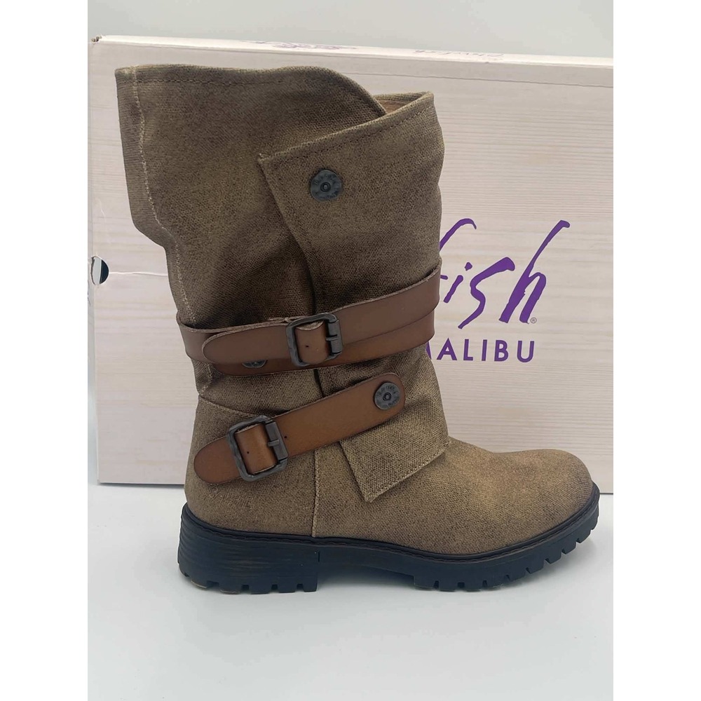 Blowfish Malibu Rider Bronze Starwash Canvas Buckle Moto Mid Calf Boots Womens 8